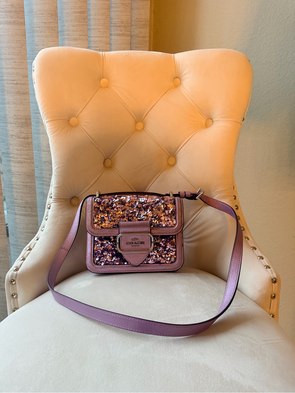 Coach Metallic Lavender Sequin Buckle Crossbody Bag Purple Mauve Statement Purse